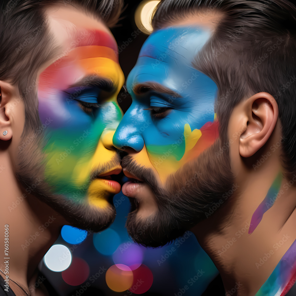 Naklejka premium Kiss Between Two Men with Rainbow Face Paint - Celebrating Love and Diversity 