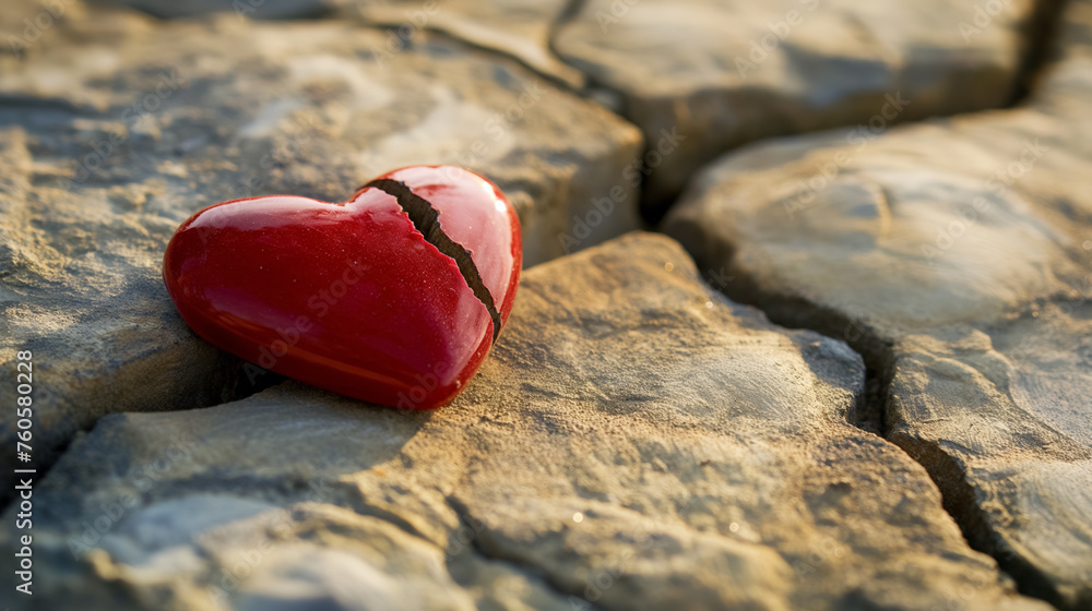 Broken red heart on rugged stone surface Broken red heart on rugged stone surface