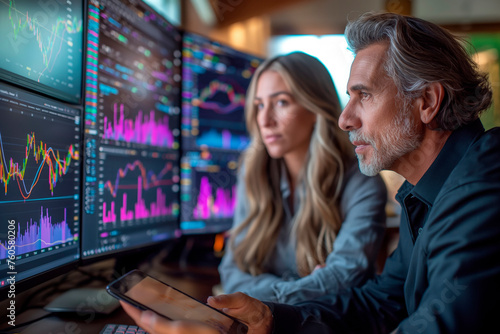 A seasoned financial expert and his colleague analyze real-time market data on multiple trading screens, engaged in strategic planning in the dynamic world of finance.