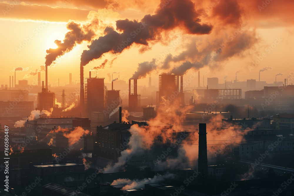 An industrial area with factories and factories with smoke coming out of their chimneys against the backdrop of sunset or dawn. Industrial factory landscape, environmental disaster