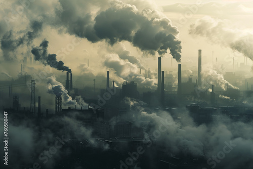 An industrial area with factories and factories with smoke coming out of their chimneys. Grayscale photography. Industrial factory landscape, environmental disaster.