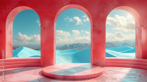 3d Render, Abstract Surreal pastel landscape background with arches and podium for showing product, panoramic view, Colorful dune scene with copy space, blue sky and cloudy, Minimalist decor design © Jennifer