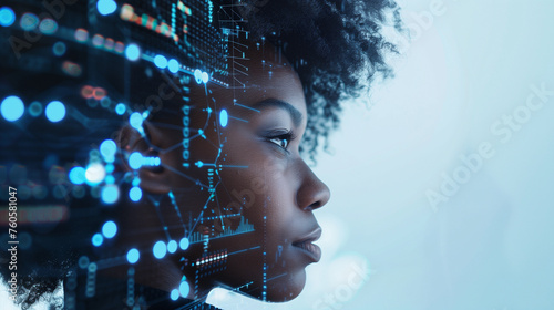 side profile portrait of a black female with a tech pattern overlay  portraying artificial intelligence and the future of ai in the workplace
