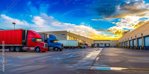 Semi Trailer Trucks on The Parking Lot. Trucks Loading at Dock Warehouse.