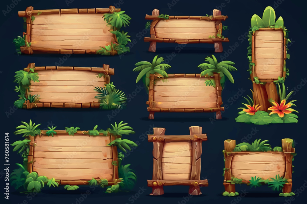 Set cartoon game panels in jungle style with space for text. Isolated wooden gui elements with tropical plants, flowers and boards. Illustration on white background.