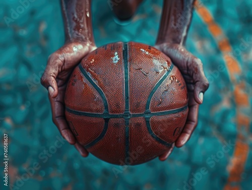 A person holding a basketball in their hands. photo