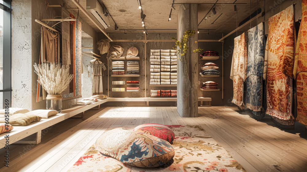 A store with a lot of colorful rugs and pillows. The store is very bright and inviting - obrazy, fototapety, plakaty 