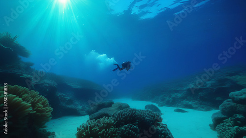 Technical scuba diver in a horizontal position with sun rays blue background. High quality photo. Can be used as a background for a banner © Александр Ткачук