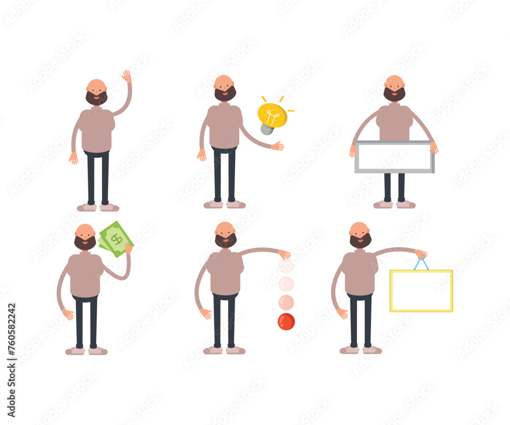 bald and beard man characters set in different poses vector illustration bald and beard man characters set in different poses vector illustration