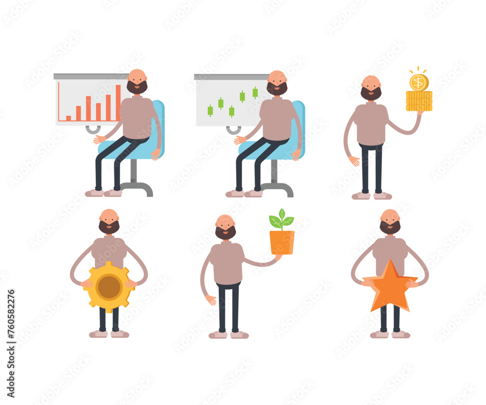 bald and beard man characters set in different poses vector illustration bald and beard man characters set in different poses vector illustration