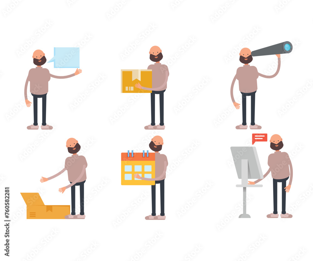 bald and beard man characters set in different poses vector illustration bald and beard man characters set in different poses vector illustration