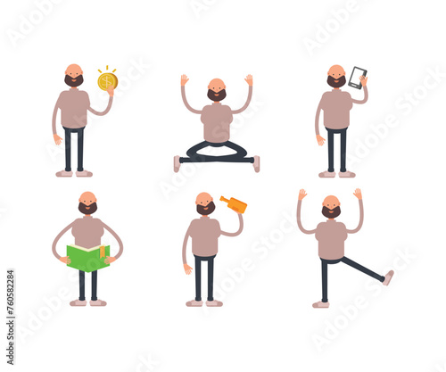 bald and beard man characters set in different poses vector illustration