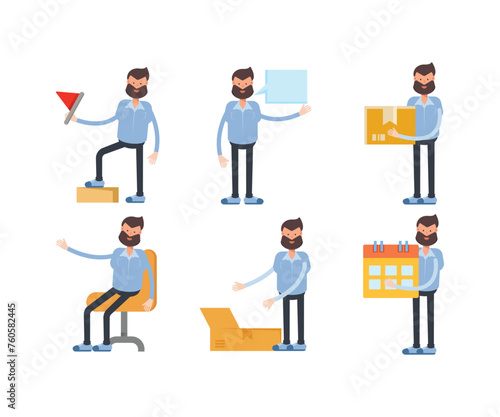 beard man characters in various poses vector illustration