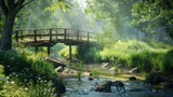 Peaceful countryside scene with a wooden bridge over a stream