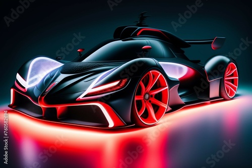 A black sports car with red and blue lights