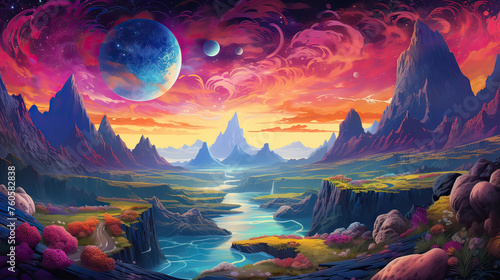 A dreamscape background, utilizing surreal landscapes, cosmic elements, and vibrant hues to evoke a sense of magic and imagination Background Ai Generative