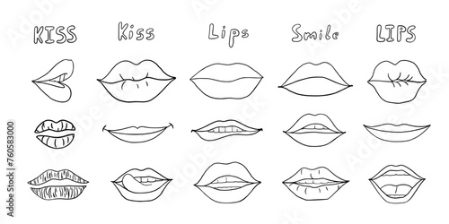 Beautiful set of female lips in doodle style. Kiss, smile, pout lips, lips silhouette, lipstick marks. Mouth. Hand drawn. Great for card, lipstick advertisement, design, advertising.