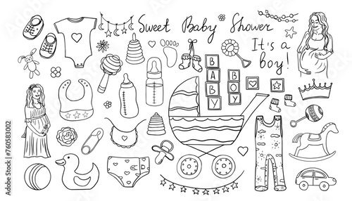 Cute set of baby shower elements in doodle style. Baby shower boy, happy mother, pregnant. Hand drawn.  Great for card, invitation card, decoration party, design, print or advertising. 