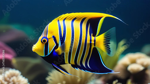 Queen angelfish (Holacanthus ciliaris), also known as the blue angelfish, golden angelfish or yellow angelfish underwater in sea with corals in background. Isolated closeup photo