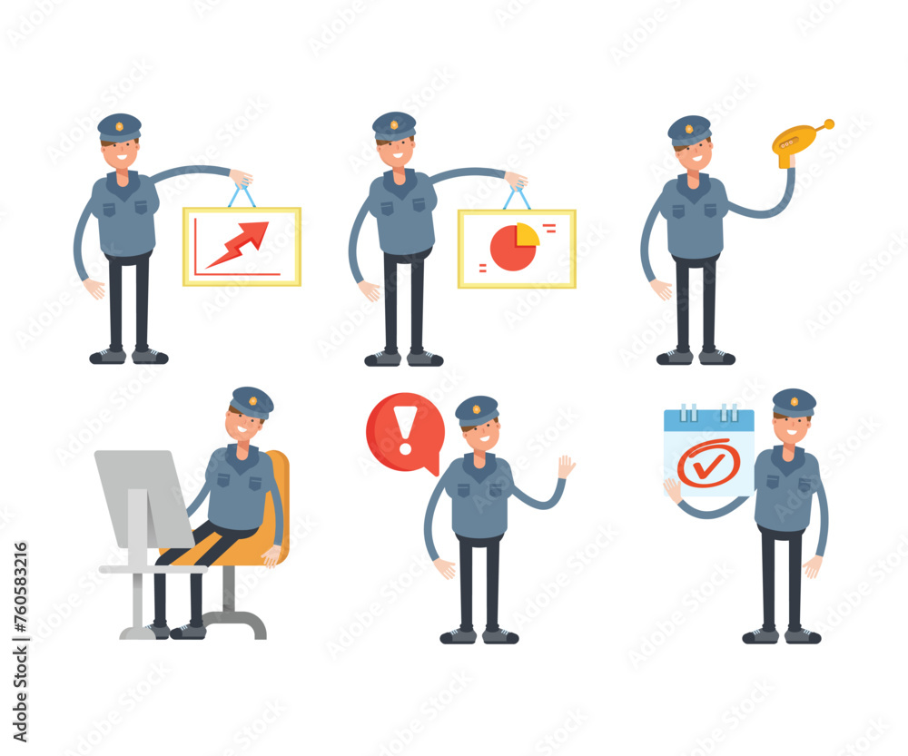 police characters in different poses set vector illustration