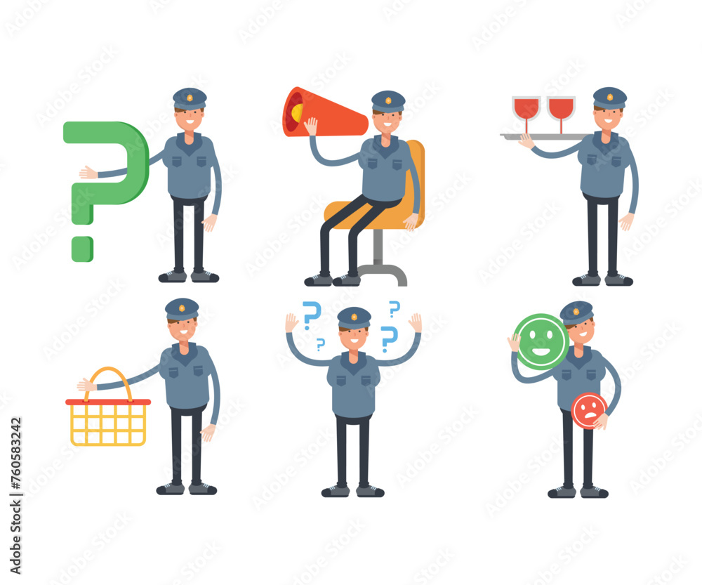 police characters in different poses set vector illustration police characters in different poses set vector illustration