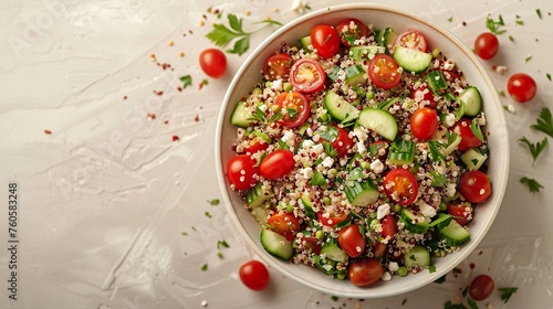 Minimalist Top-View Quinoa Salad with Cherry Tomatoes on White Dish