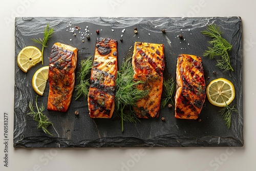 Minimalist Top-View Grilled Salmon with Lemon on Slate Platter
