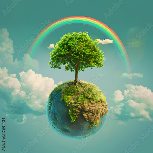 Ecology concept with green tree on earth..Harmonious Coexistence: A Lush Tree on a Miniature Earth Amidst the Clouds
