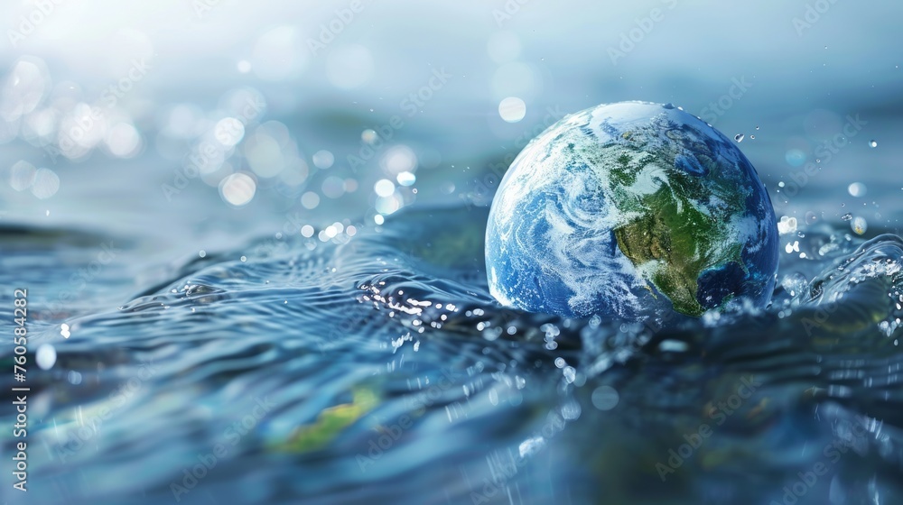 Planet Earth surrounded by water. Water saving and global environmental concept. Copy space Planet Earth surrounded by water. Water saving and global environmental concept. Copy space
