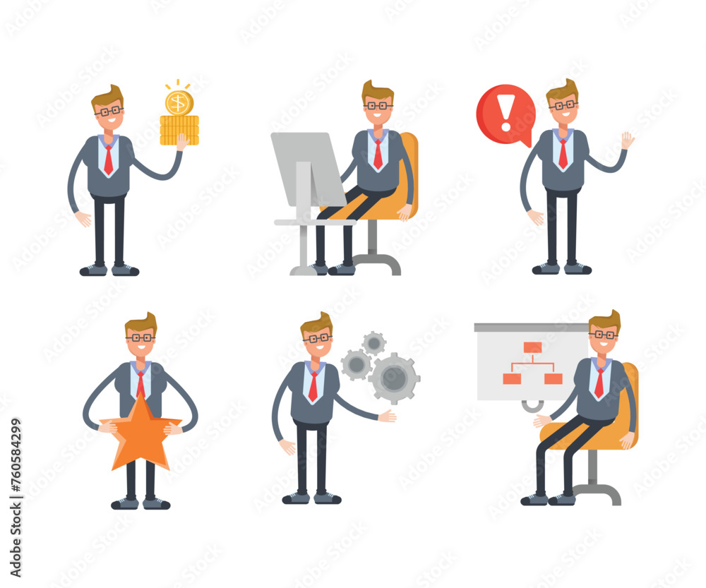 businessman characters set in various poses vector illustration