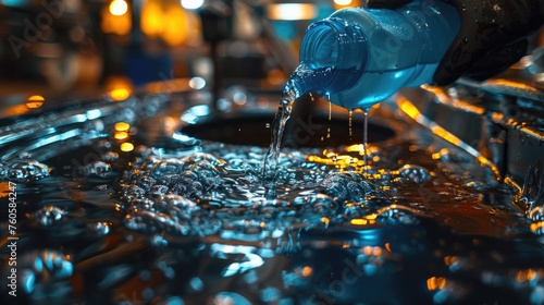 A close-up image capturing the act of oil being poured over metallic mechanical parts, highlighting textures and details.
