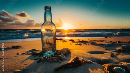  bottle in the sand with the sun rising behind