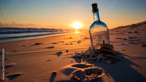  bottle in the sand with the sun rising behind