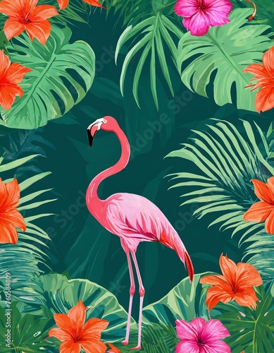 A pink flamingo stands elegantly among vibrant tropical foliage and flowers on a rich green background.