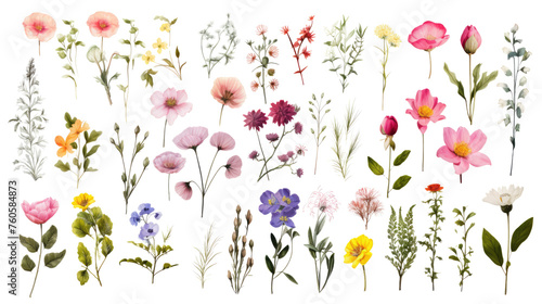 Set of watercolor wildflowers painting isolated on clear png background and transparent background. Fresh and nature concept for nature decorative and flower element, AI generative. #760584873