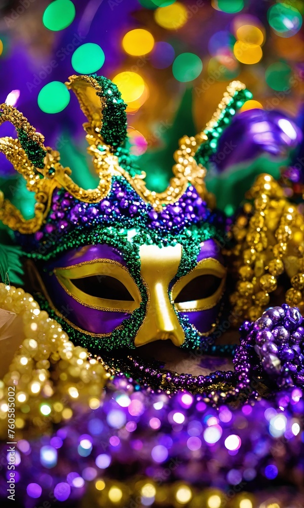 A Mardi Gras mask with ornate gold detailing and crown-like spikes, nestled amidst strands of shiny purple and gold beads, sparkles against a backdrop of festive bokeh lights.