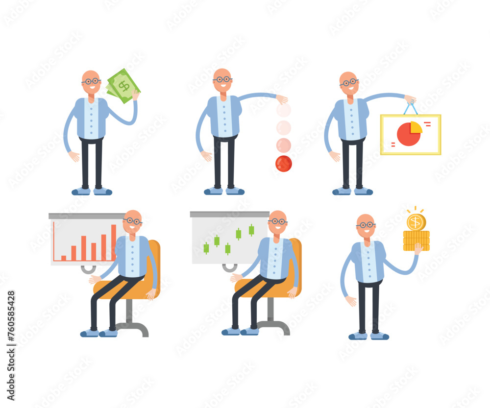 bald man characters set in various poses vector illustration bald man characters set in various poses vector illustration