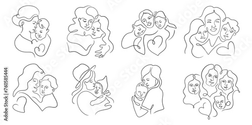 Set of mother hugging children, with daughter and son, in a line art style