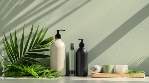 The image features a green wall with a shadow on it, in front of which are three white bottles and a wooden soap dish with three white soaps