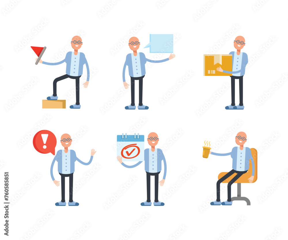 bald man characters set in various poses vector illustration bald man characters set in various poses vector illustration