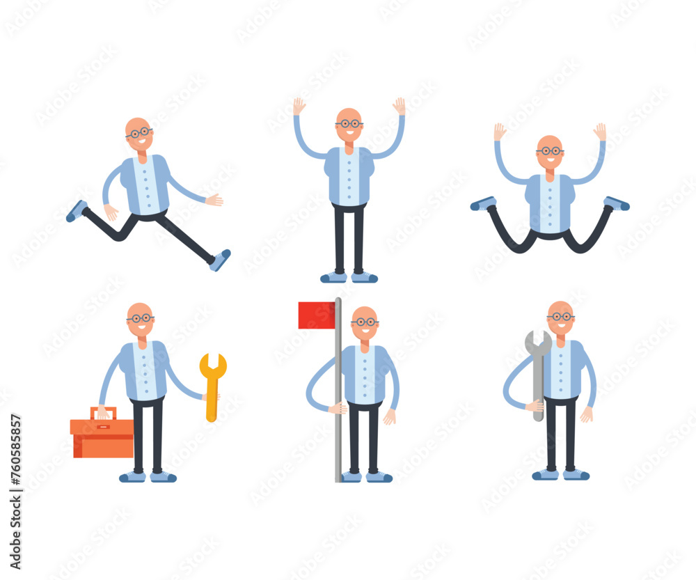 bald man characters set in various poses vector illustration