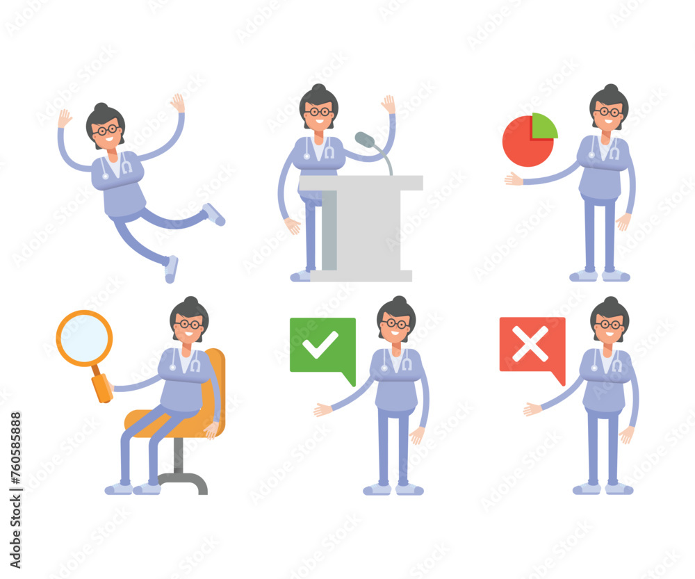 female doctor characters set in various poses vector illustration female doctor characters set in various poses vector illustration