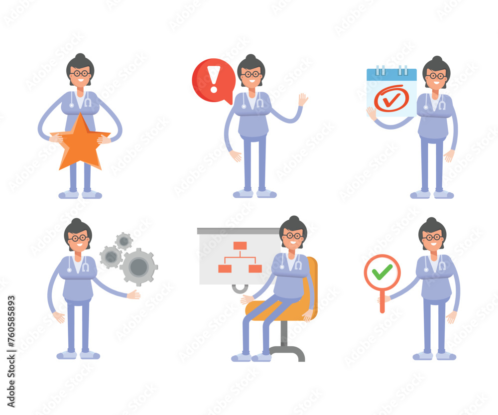 female doctor characters set in various poses vector illustration female doctor characters set in various poses vector illustration