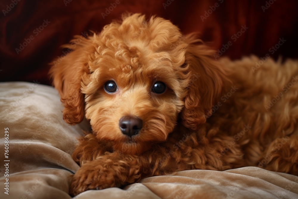 A cute brown poodle puppy is laying on a bed. Year 2025 color, Mocha Mouse A cute brown poodle puppy is laying on a bed. Year 2025 color, Mocha Mouse