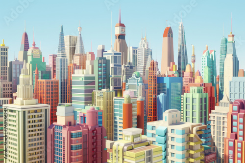 Illustrate a city skyline filled with skyscrapers each representing a different aspect of gaming culture