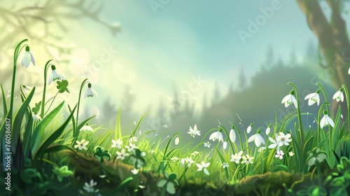 Snowdrop grow in a field in a clearing. The first beautiful flowers bloom in spring. Nature background. Illustration for cover, card, postcard, interior design, decor or print