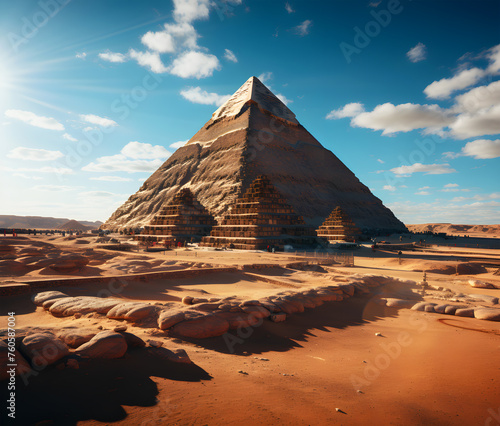 Dazzling view of the Great Pyramid under a sunny bright blue sky