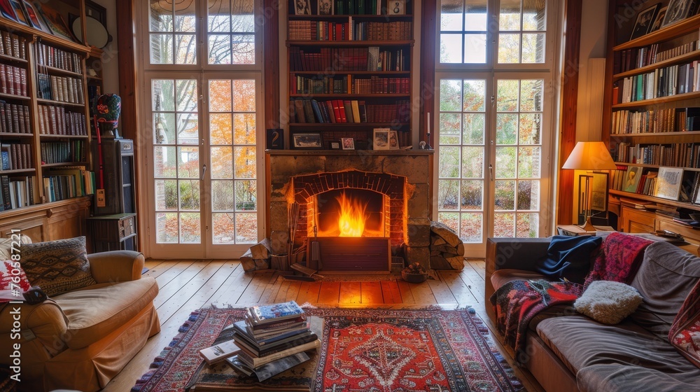 a shot of a living room with fireplace and fireplace books