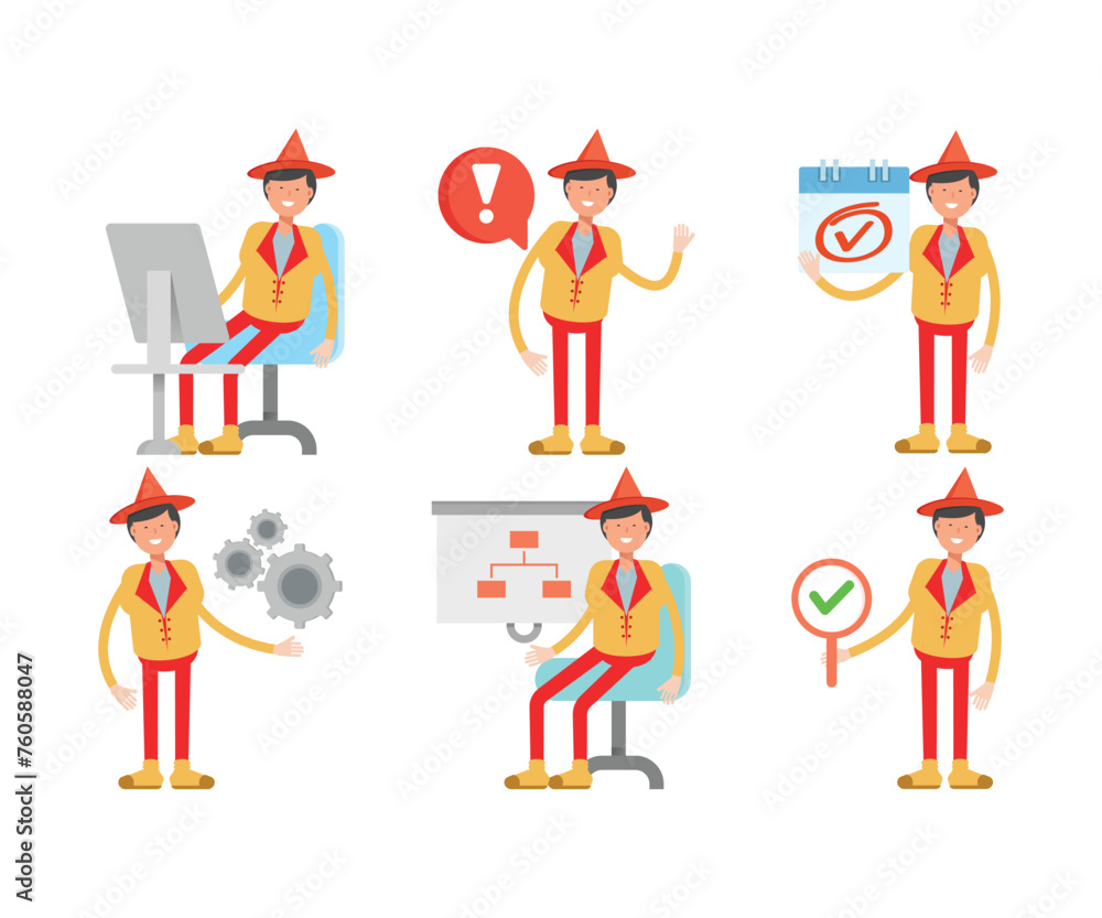 Fototapeta premium man with hat character in different poses set vector illustration