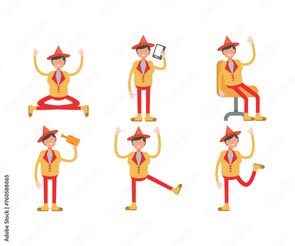 Fototapeta premium man with hat character in different poses set vector illustration